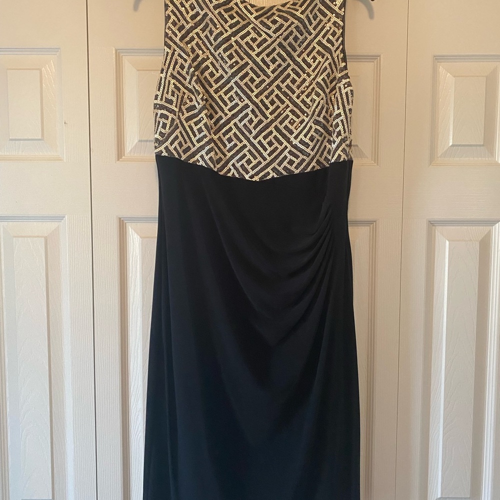 Lauren Ralph Lauren Evening Black and Gold Patterned Midi Dress